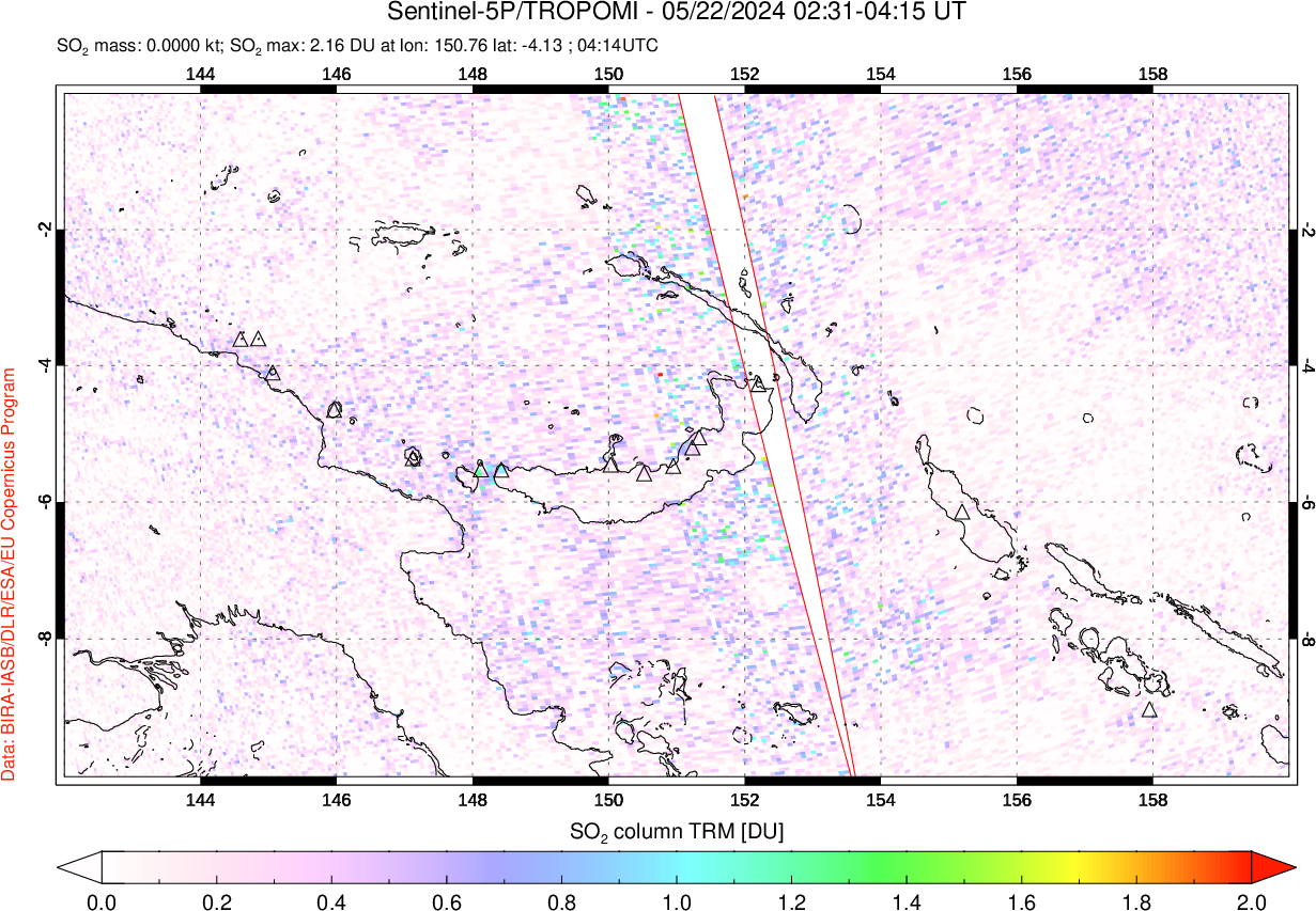 A sulfur dioxide image over Papua, New Guinea on May 22, 2024.