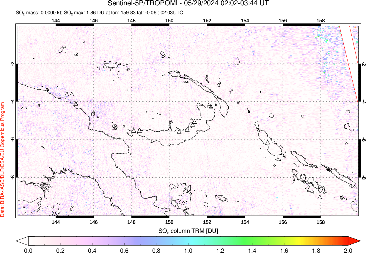 A sulfur dioxide image over Papua, New Guinea on May 29, 2024.