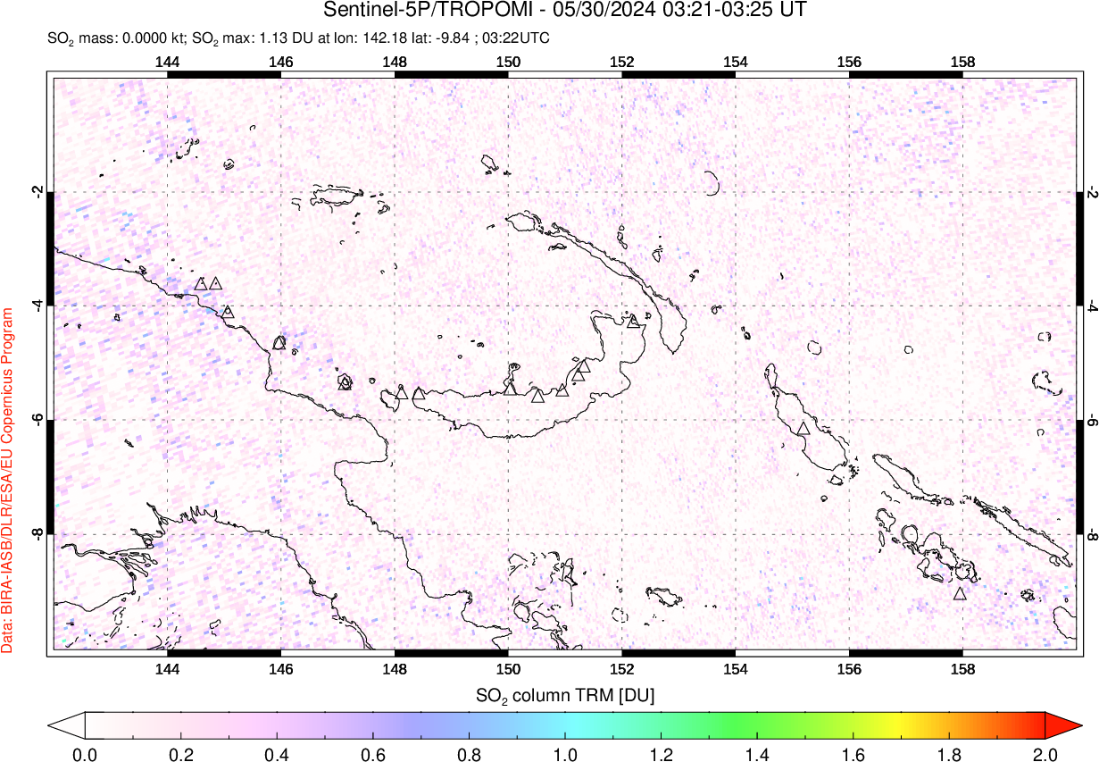 A sulfur dioxide image over Papua, New Guinea on May 30, 2024.