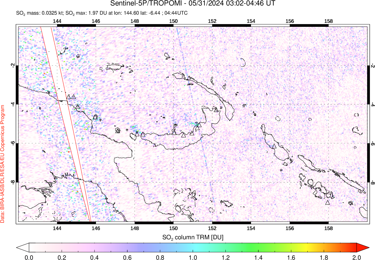 A sulfur dioxide image over Papua, New Guinea on May 31, 2024.