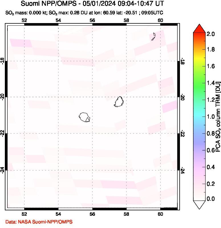 A sulfur dioxide image over Reunion Island, Indian Ocean on May 01, 2024.