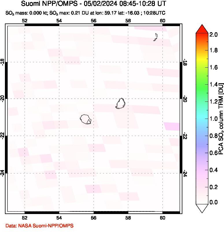 A sulfur dioxide image over Reunion Island, Indian Ocean on May 02, 2024.