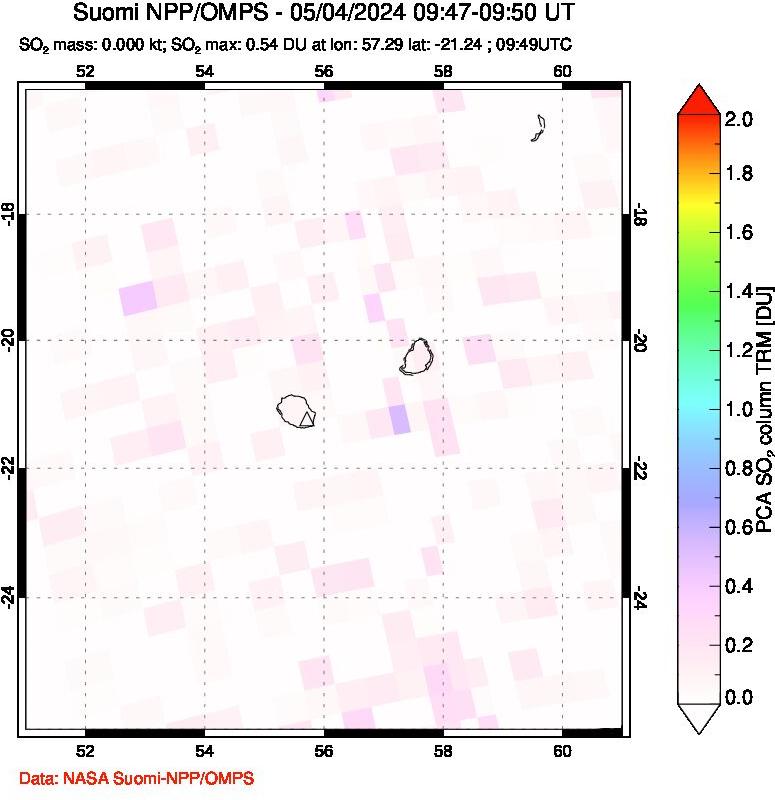 A sulfur dioxide image over Reunion Island, Indian Ocean on May 04, 2024.