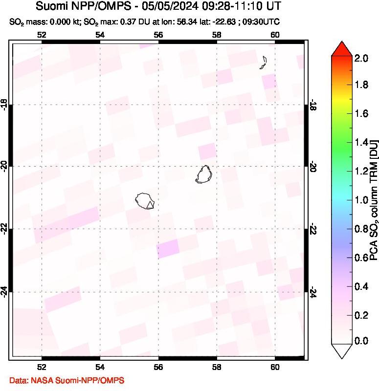 A sulfur dioxide image over Reunion Island, Indian Ocean on May 05, 2024.