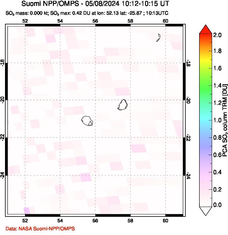 A sulfur dioxide image over Reunion Island, Indian Ocean on May 08, 2024.