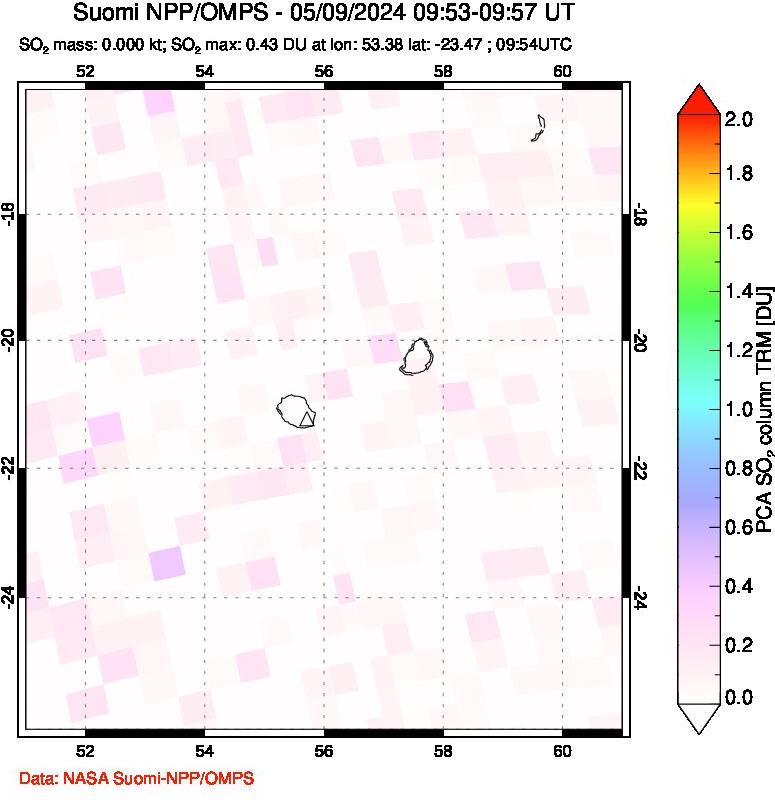 A sulfur dioxide image over Reunion Island, Indian Ocean on May 09, 2024.