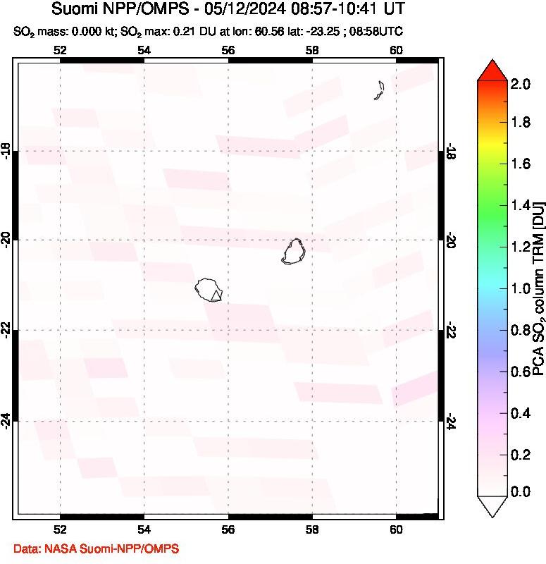 A sulfur dioxide image over Reunion Island, Indian Ocean on May 12, 2024.