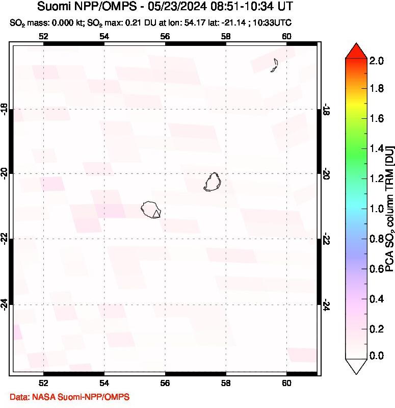 A sulfur dioxide image over Reunion Island, Indian Ocean on May 23, 2024.