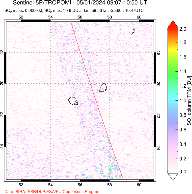 A sulfur dioxide image over Reunion Island, Indian Ocean on May 01, 2024.