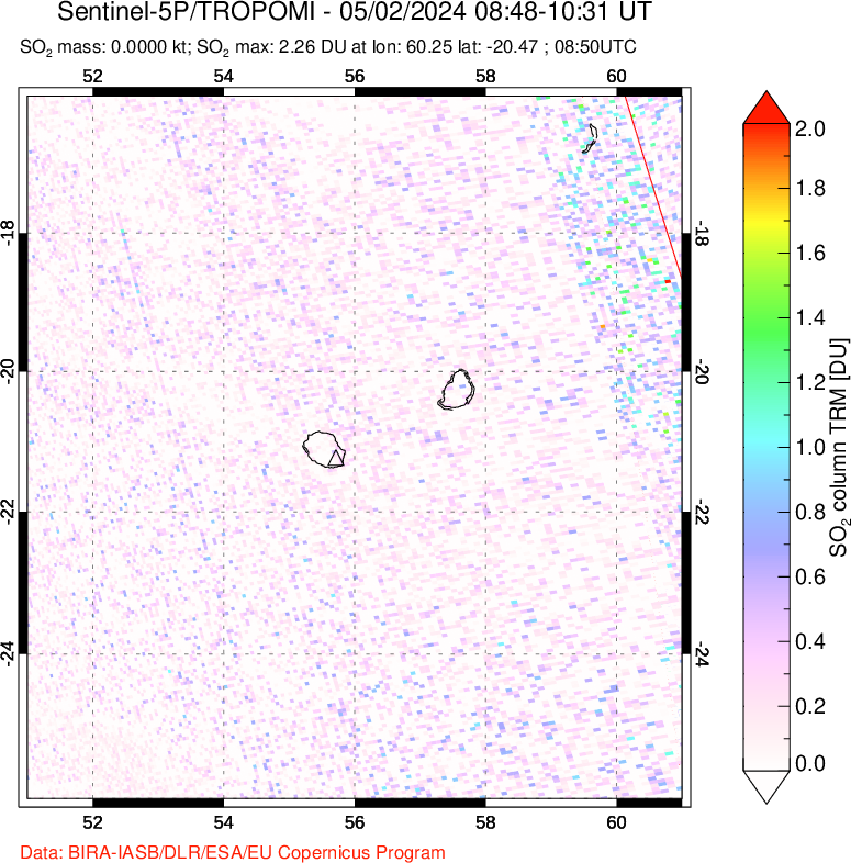 A sulfur dioxide image over Reunion Island, Indian Ocean on May 02, 2024.