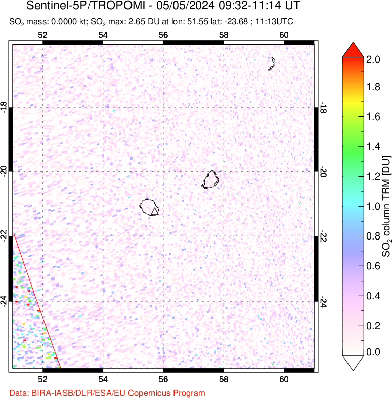 A sulfur dioxide image over Reunion Island, Indian Ocean on May 05, 2024.