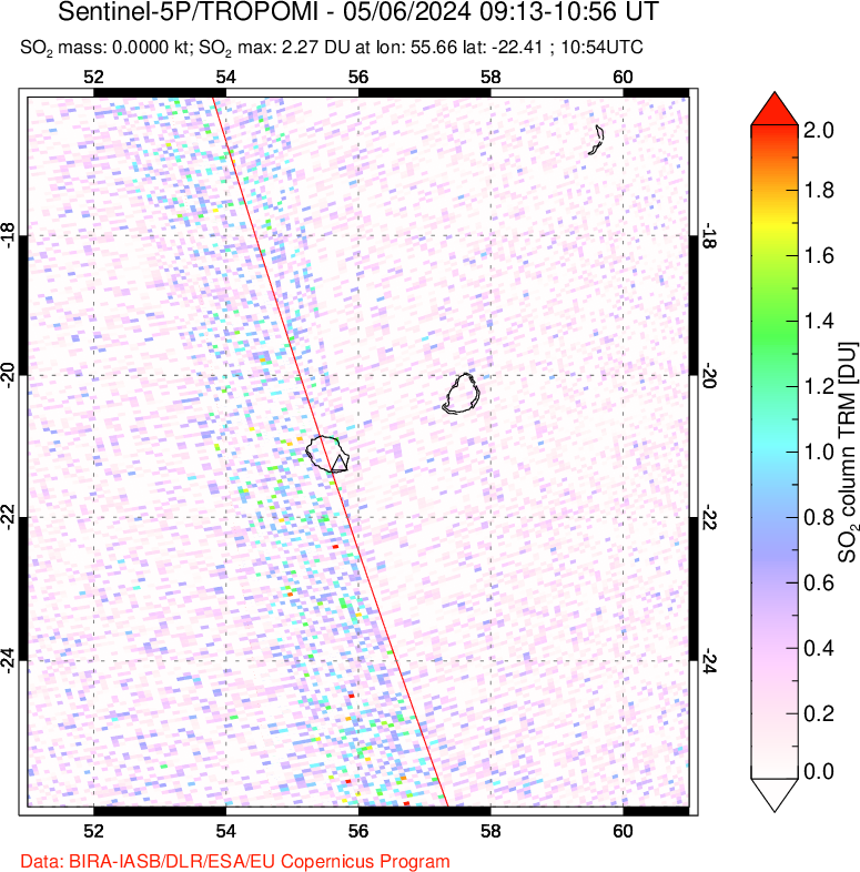 A sulfur dioxide image over Reunion Island, Indian Ocean on May 06, 2024.