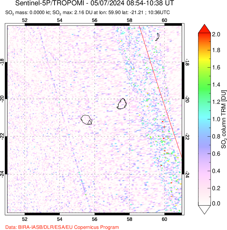 A sulfur dioxide image over Reunion Island, Indian Ocean on May 07, 2024.