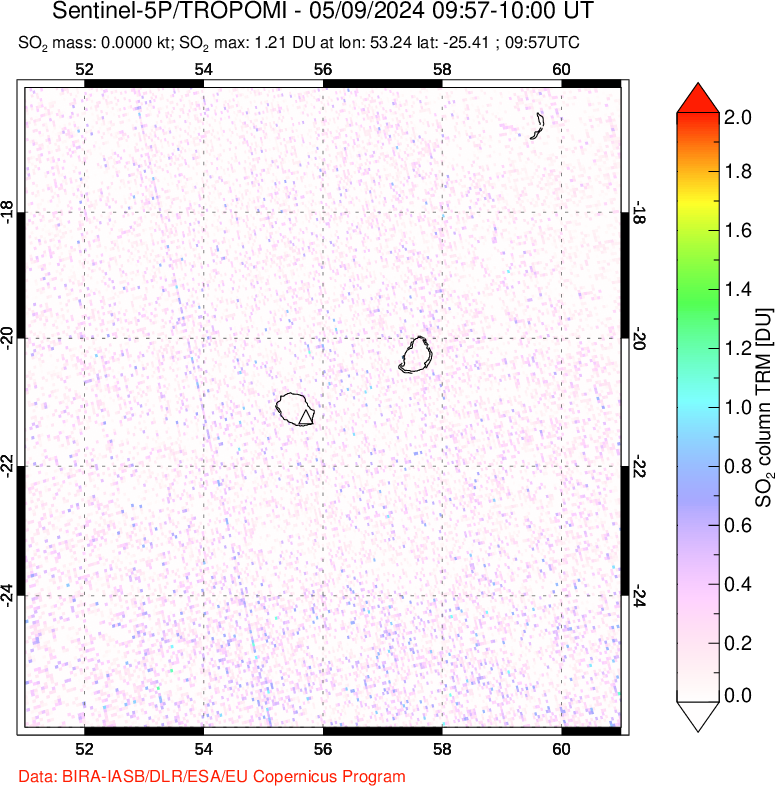 A sulfur dioxide image over Reunion Island, Indian Ocean on May 09, 2024.