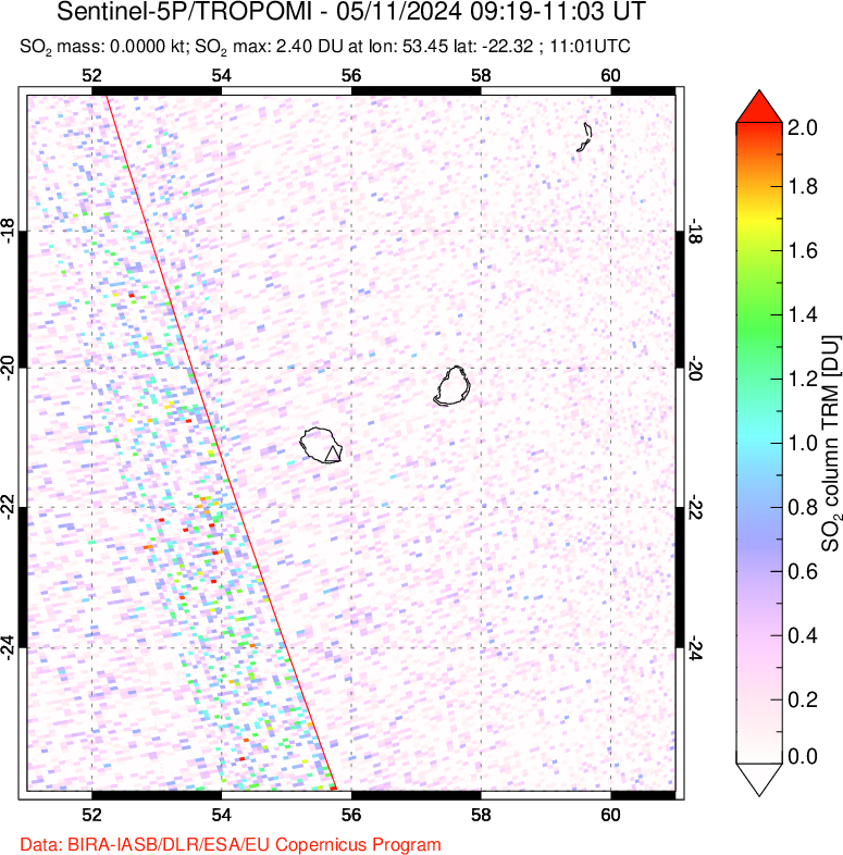 A sulfur dioxide image over Reunion Island, Indian Ocean on May 11, 2024.