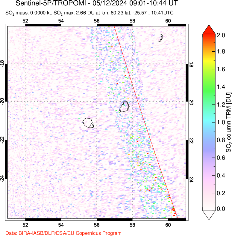 A sulfur dioxide image over Reunion Island, Indian Ocean on May 12, 2024.