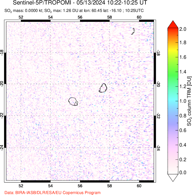 A sulfur dioxide image over Reunion Island, Indian Ocean on May 13, 2024.