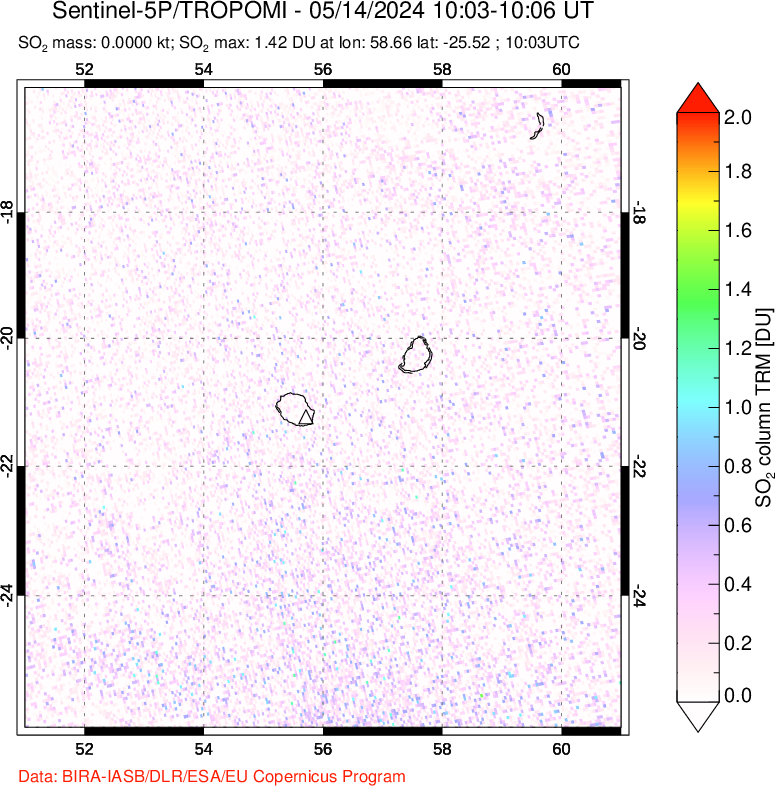 A sulfur dioxide image over Reunion Island, Indian Ocean on May 14, 2024.