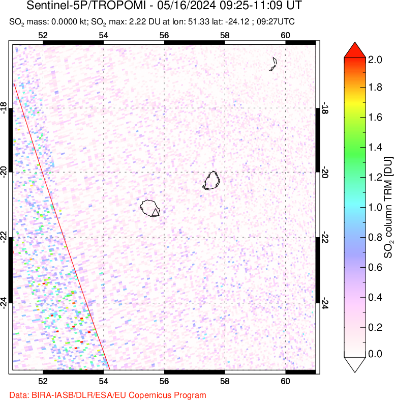 A sulfur dioxide image over Reunion Island, Indian Ocean on May 16, 2024.