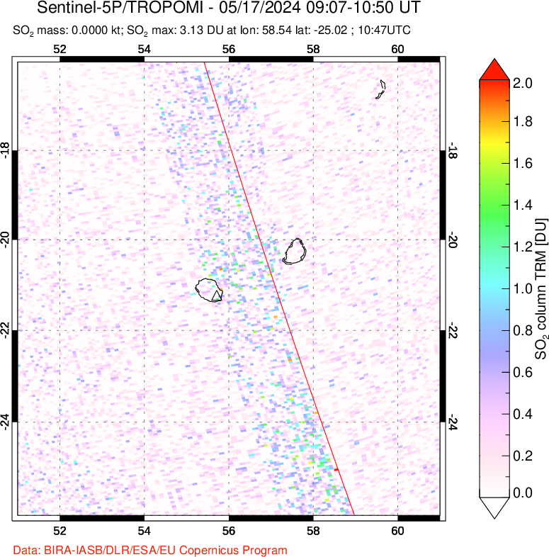 A sulfur dioxide image over Reunion Island, Indian Ocean on May 17, 2024.