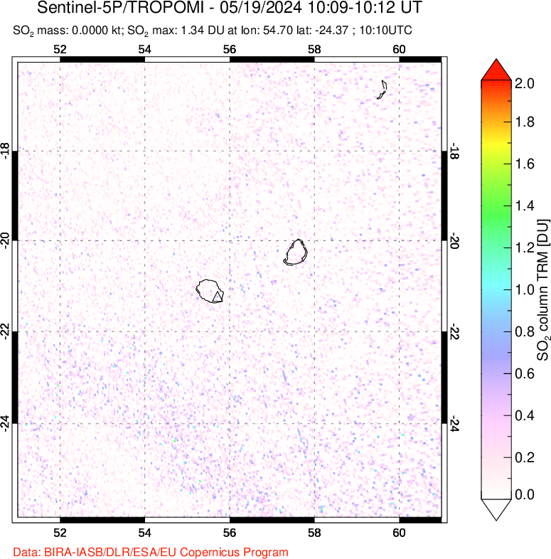 A sulfur dioxide image over Reunion Island, Indian Ocean on May 19, 2024.