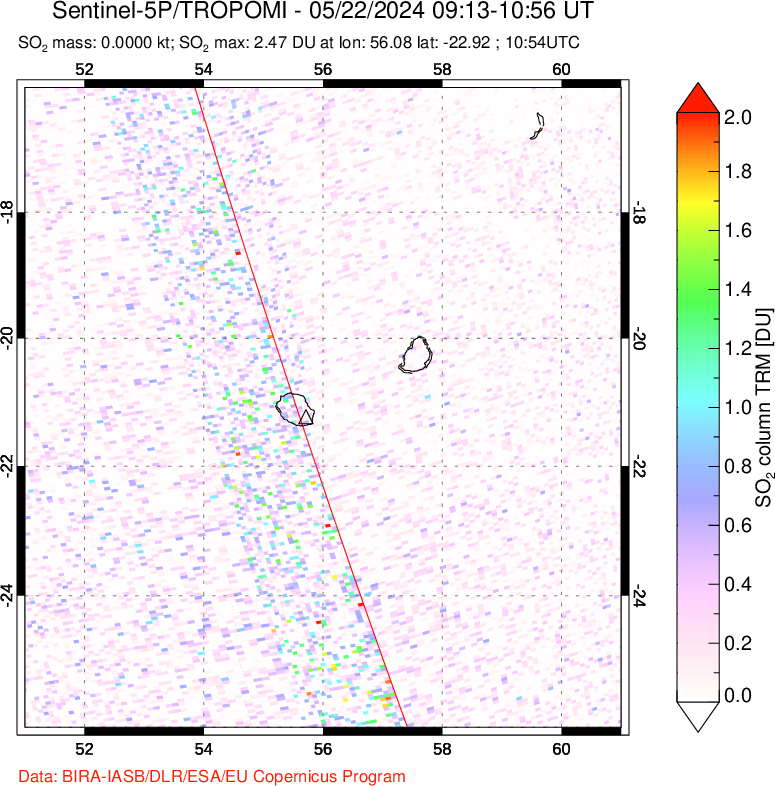 A sulfur dioxide image over Reunion Island, Indian Ocean on May 22, 2024.