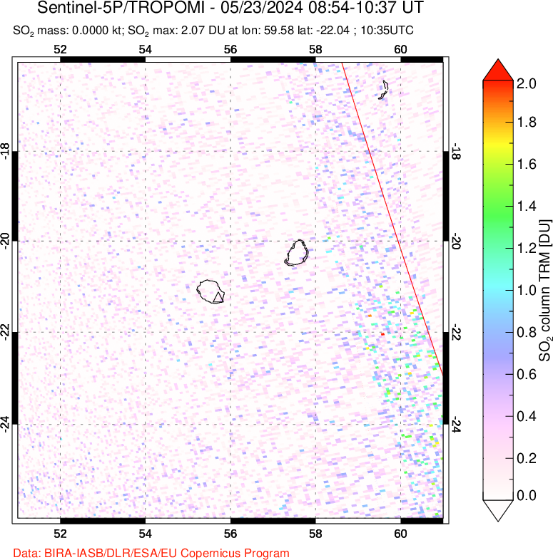 A sulfur dioxide image over Reunion Island, Indian Ocean on May 23, 2024.