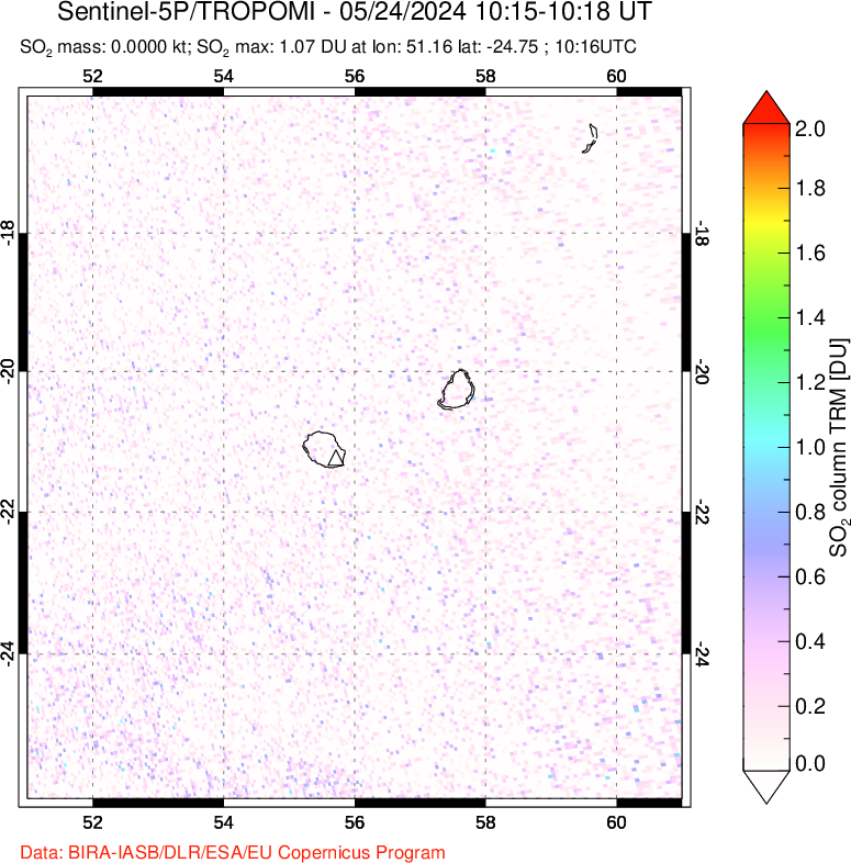 A sulfur dioxide image over Reunion Island, Indian Ocean on May 24, 2024.