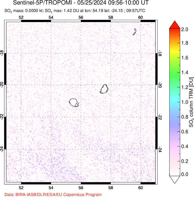 A sulfur dioxide image over Reunion Island, Indian Ocean on May 25, 2024.