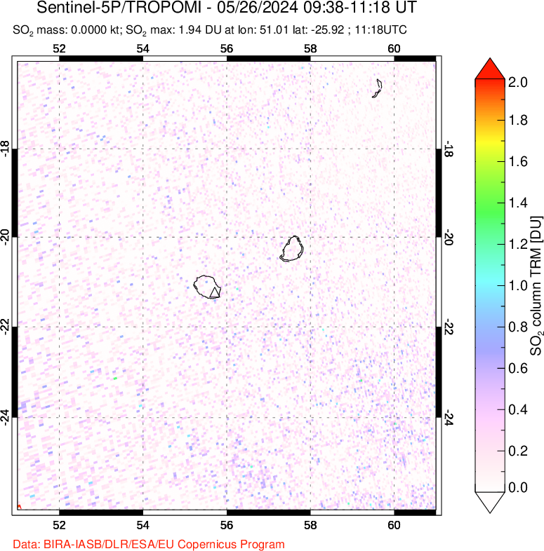 A sulfur dioxide image over Reunion Island, Indian Ocean on May 26, 2024.