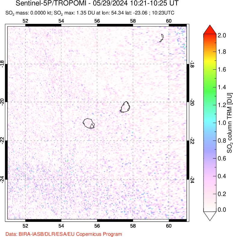 A sulfur dioxide image over Reunion Island, Indian Ocean on May 29, 2024.