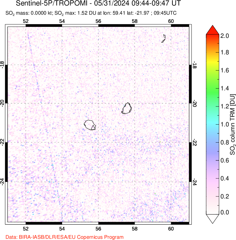 A sulfur dioxide image over Reunion Island, Indian Ocean on May 31, 2024.