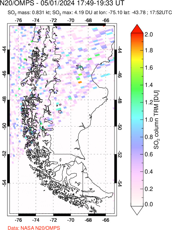 A sulfur dioxide image over Southern Chile on May 01, 2024.