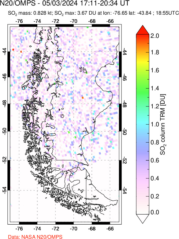 A sulfur dioxide image over Southern Chile on May 03, 2024.