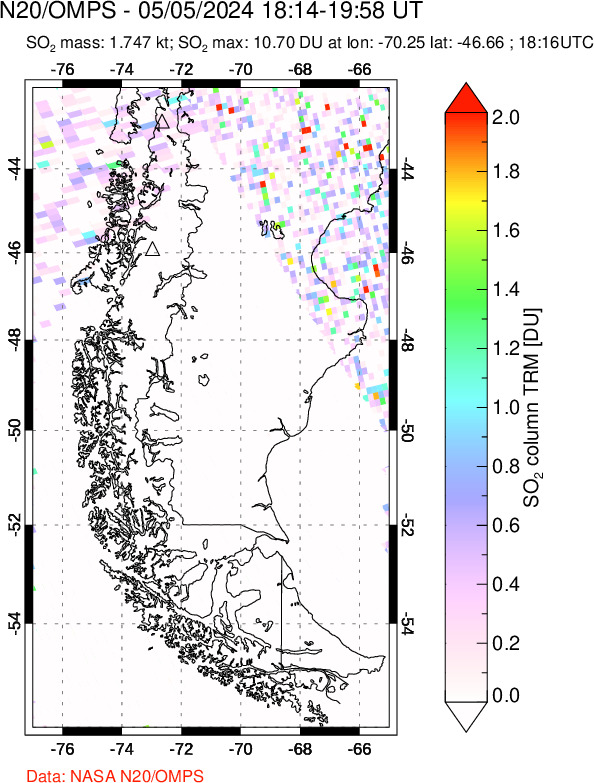 A sulfur dioxide image over Southern Chile on May 05, 2024.