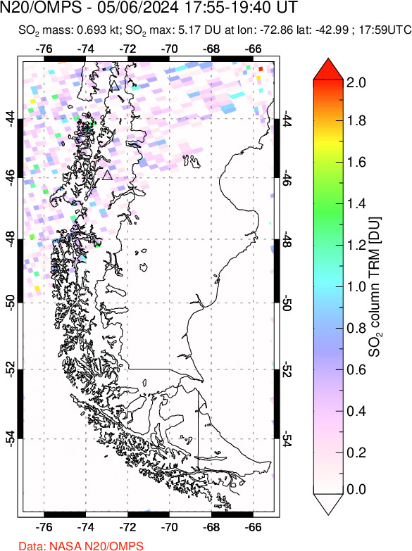 A sulfur dioxide image over Southern Chile on May 06, 2024.