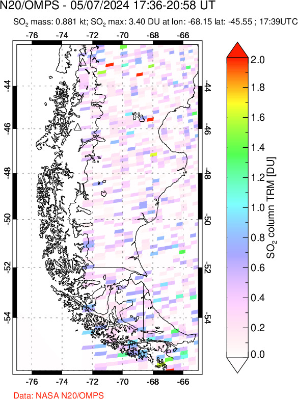 A sulfur dioxide image over Southern Chile on May 07, 2024.