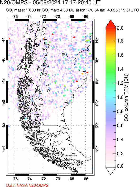 A sulfur dioxide image over Southern Chile on May 08, 2024.