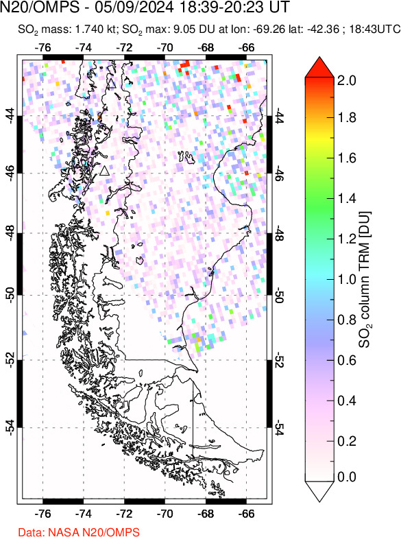 A sulfur dioxide image over Southern Chile on May 09, 2024.