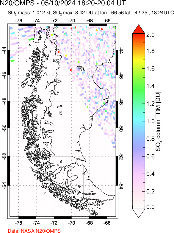 A sulfur dioxide image over Southern Chile on May 10, 2024.