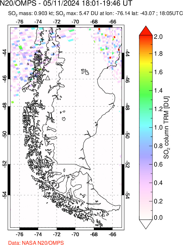 A sulfur dioxide image over Southern Chile on May 11, 2024.