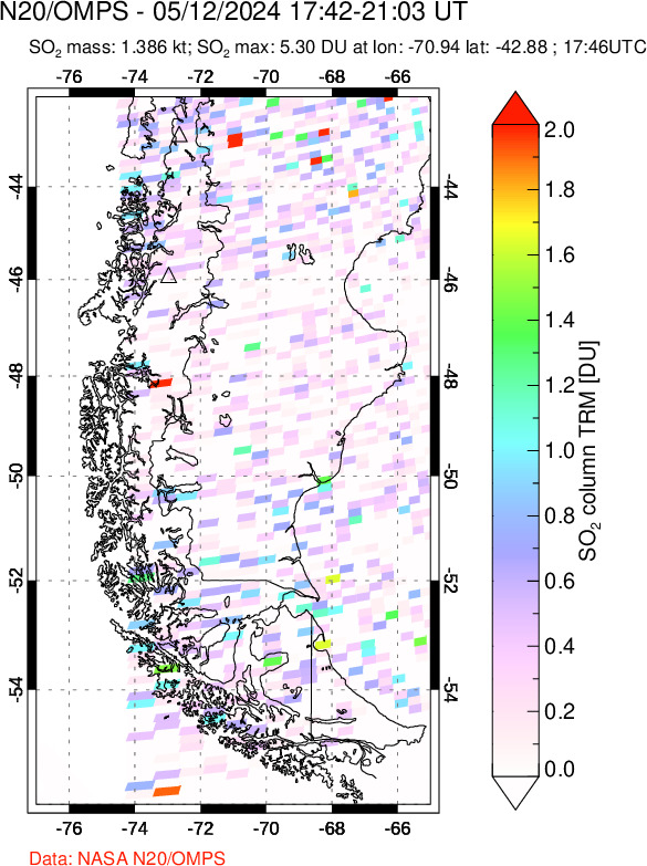 A sulfur dioxide image over Southern Chile on May 12, 2024.