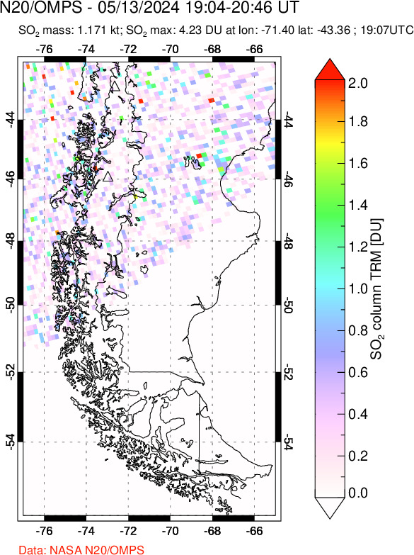 A sulfur dioxide image over Southern Chile on May 13, 2024.