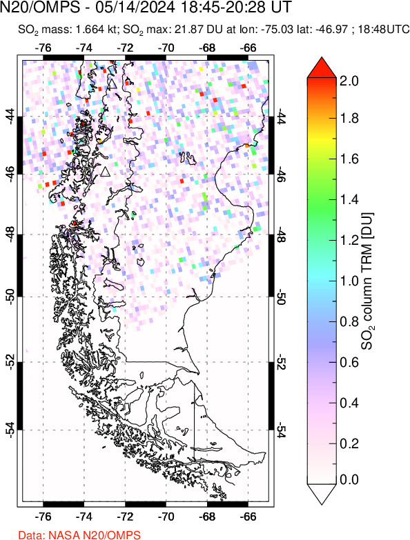 A sulfur dioxide image over Southern Chile on May 14, 2024.