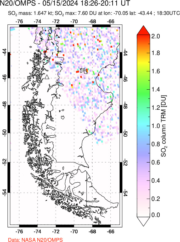 A sulfur dioxide image over Southern Chile on May 15, 2024.