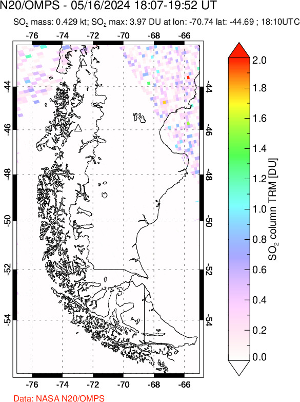 A sulfur dioxide image over Southern Chile on May 16, 2024.