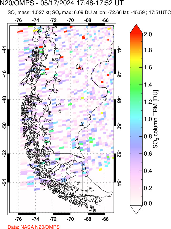 A sulfur dioxide image over Southern Chile on May 17, 2024.