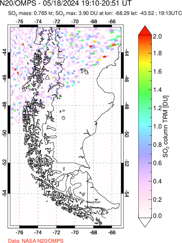 A sulfur dioxide image over Southern Chile on May 18, 2024.