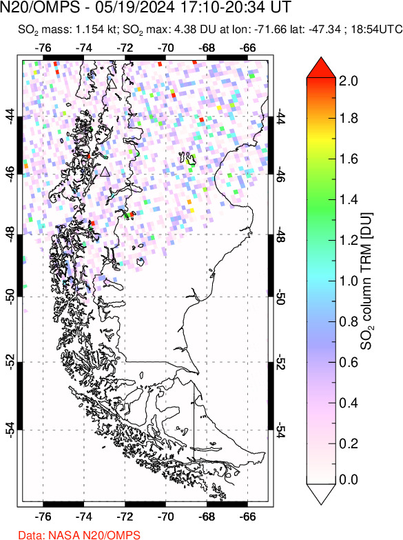 A sulfur dioxide image over Southern Chile on May 19, 2024.