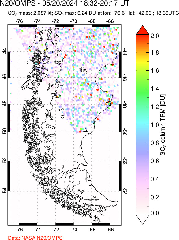 A sulfur dioxide image over Southern Chile on May 20, 2024.